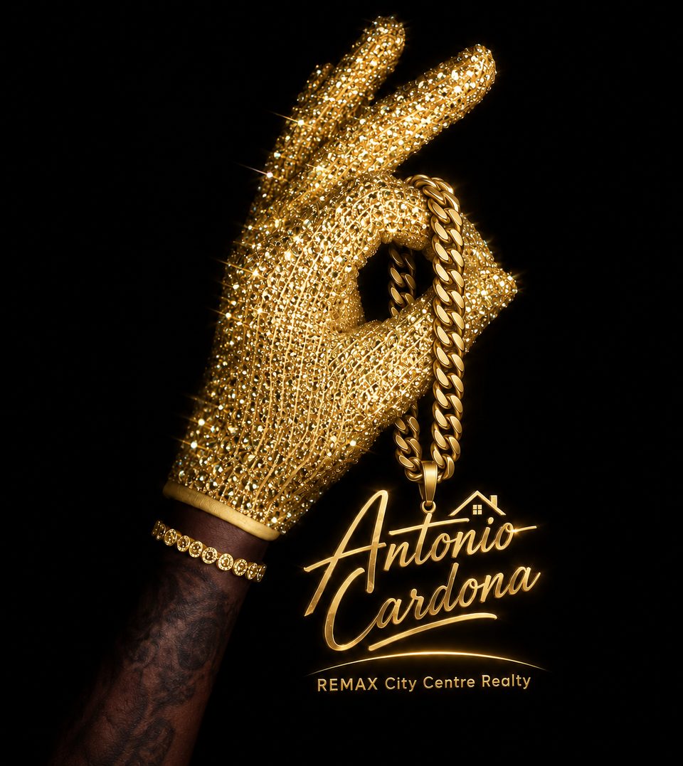 A gold glove making an OK sign and holding a gold chain, with the Antonio Cardona logo
