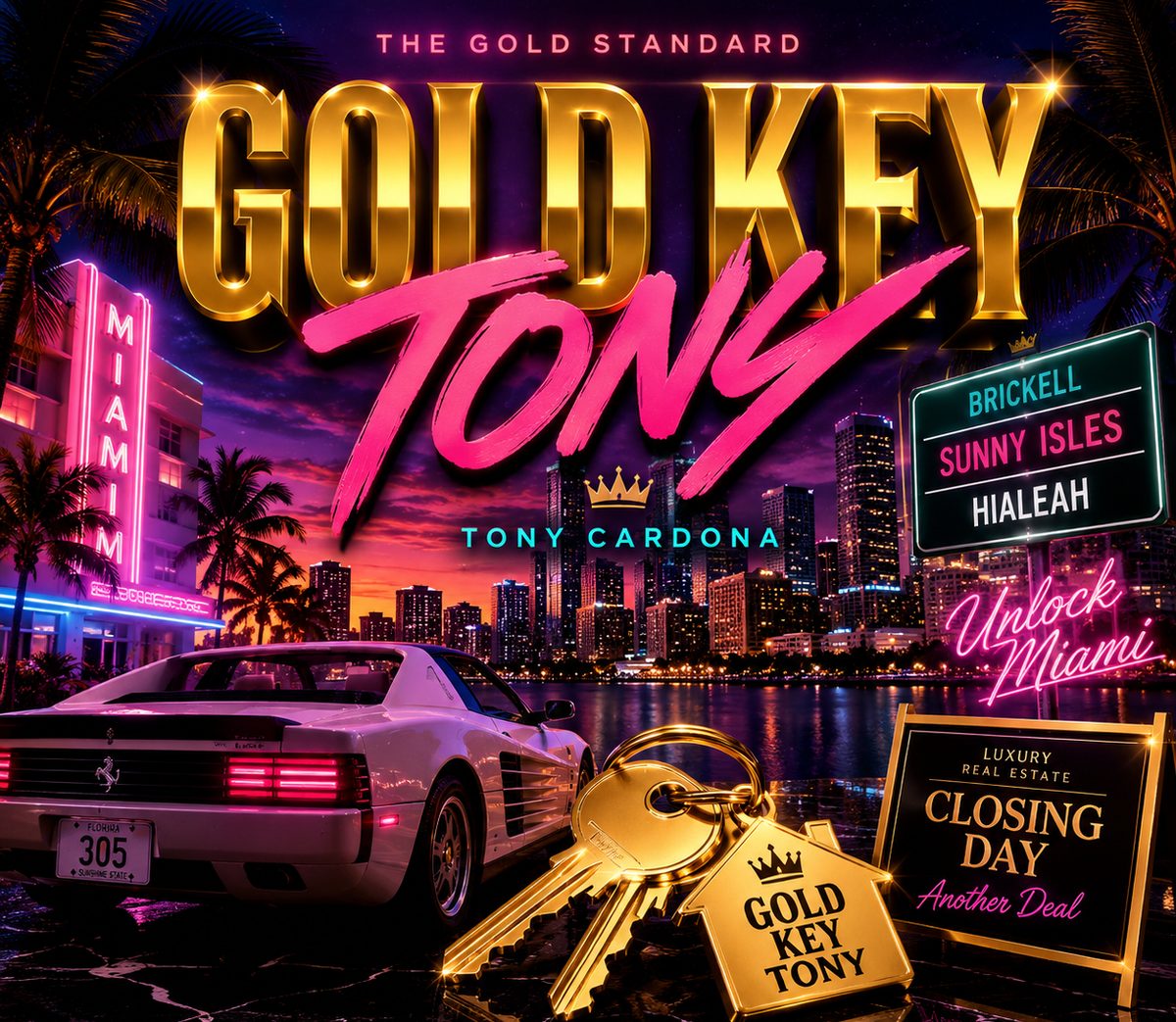 Arte de Gold Key Tony: letras doradas sobre el horizonte de Miami al atardecer, un auto deportivo blanco, llaves de oro y letreros de Brickell y Hialeah