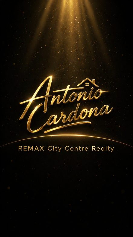 Gold script logo for Antonio Cardona with light rays and the words RE/MAX City Centre Realty